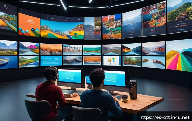 OTT 콘텐츠 제작사 관계 - A diverse group of digital content creators in a modern, vibrant studio environment, collaborating a...