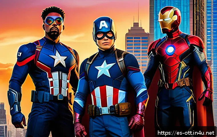 디즈니  마블 시리즈 소개 - A dynamic scene depicting a diverse group of new Marvel heroes in stylish, culturally rich costumes ...