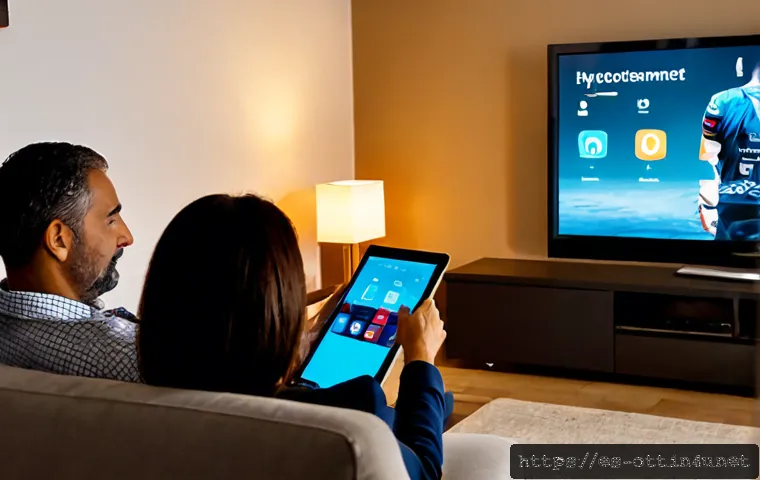 Home 17 OTT VPN 사용 방법 - Photorealistic home entertainment setup in a modern Spanish apartment, middle-aged Hispanic couple c...