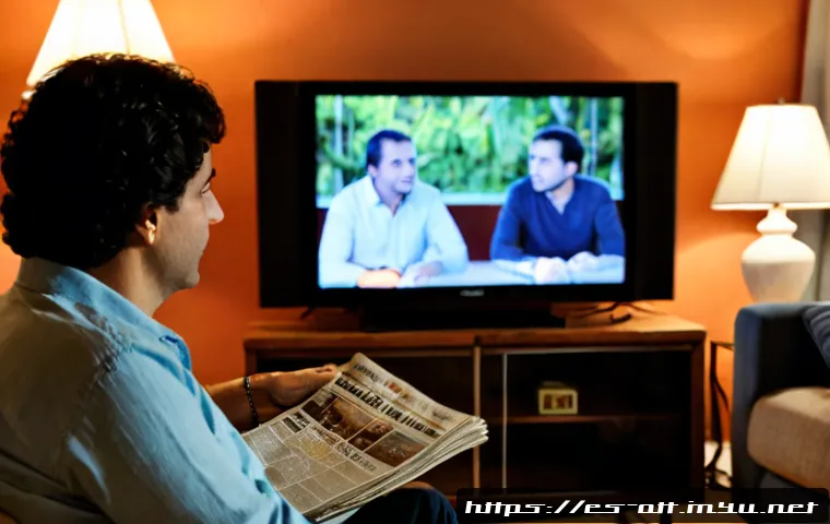 OTT가 전통 미디어에 미치는 영향 - Photorealistic modern Spanish living room at dusk, a middle-aged couple comfortably watching a strea...