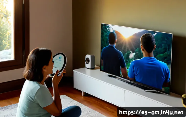 OTT 버퍼링 문제 해결 - Photorealistic Spanish family living room, middle-aged woman calmly troubleshooting streaming buffer...