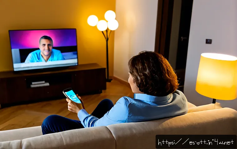OTT와 스마트 기기 연동 - Photorealistic modern Spanish living room at warm evening, a middle-aged couple relaxing on a sofa w...